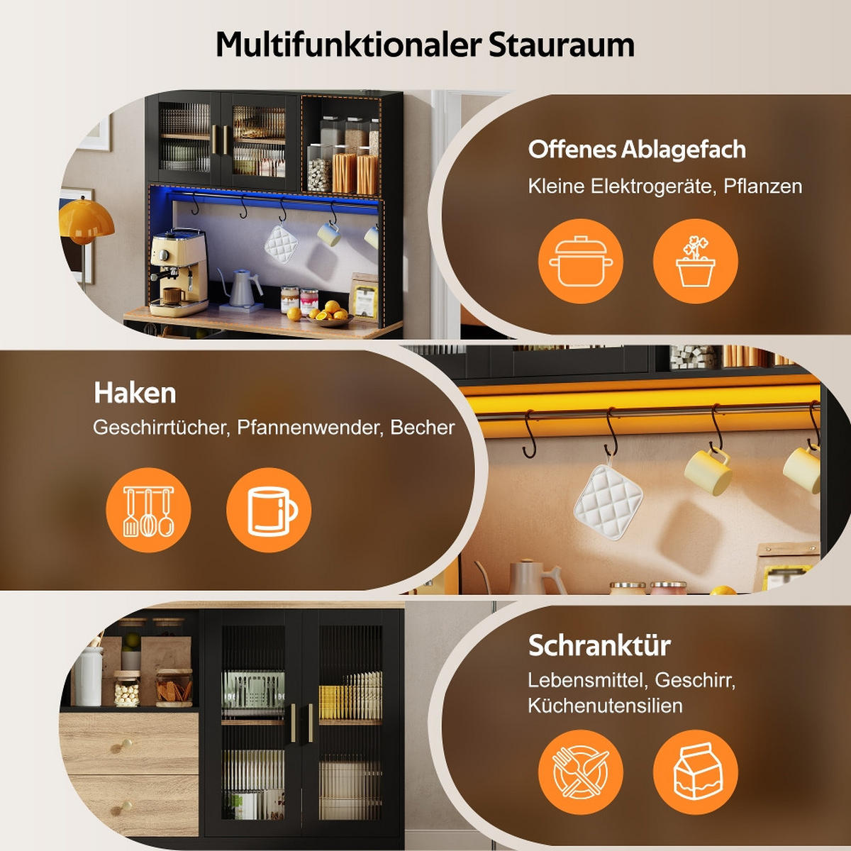 KÜCHENSCHRANK HOCHSCHRANK mit LED und Steckdose, Vitrine mit Glastüren, MDF Schwarz Holzoptik, 110/40/178 cm - Schwarz, Kunststoff (40/178/110cm) - Rolipo