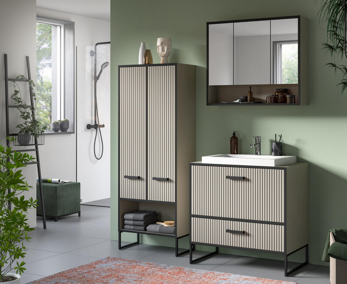 HOCHSCHRANK schwarz, sand 59 cm, Badschrank mit Soft-Close - Sandfarben/Schwarz, Holzwerkstoff/Metall (59/159/32cm) - Inn.Furn