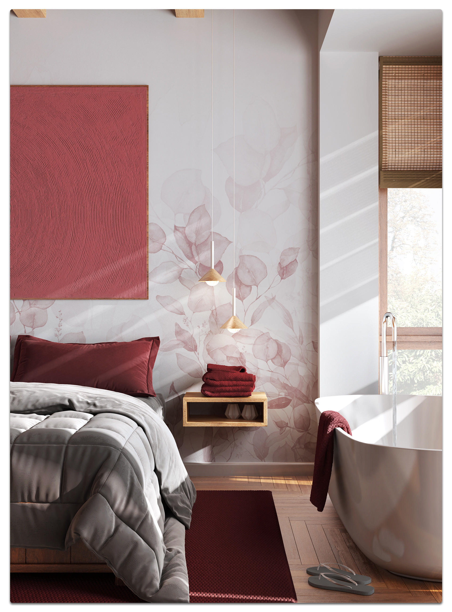 Modernes Schlafzimmer mit freistehender Badewanne, rotem Wandbild, bordeauxfarbener Bettwäsche und Teppich sowie passenden Handtüchern – stilvolles Design mit warmen Rottönen und natürlichem Licht.“