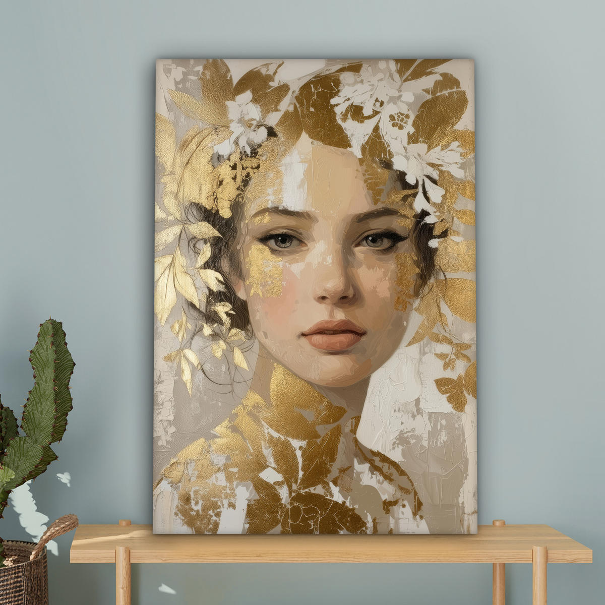 LEINWANDBILD Gesicht - Frau - Blätter - Gold Wanddeko Schlafzimmer 60x90 cm - Beige, Textil (60/90cm) - MuchoWow