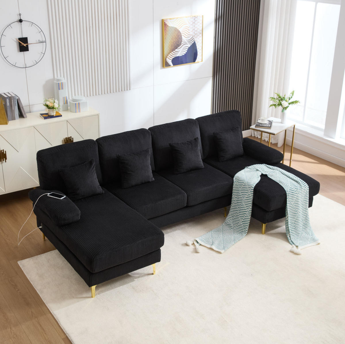 WOHNLANDSCHAFT 265/135/88 cm in Schwarz aus Samt mit LED-Beleuchtung und USB-Anschluss - Schwarz, Textil (135/88/265cm) - Flora Grace