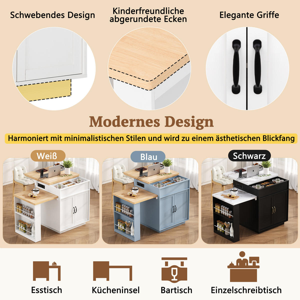 KÜCHENINSEL 125,5×71×93 cm aus MDF mit LED & USB-Ladestation, weiß - Weiß, Holzwerkstoff (71/93/125.5cm) - Luhomfu