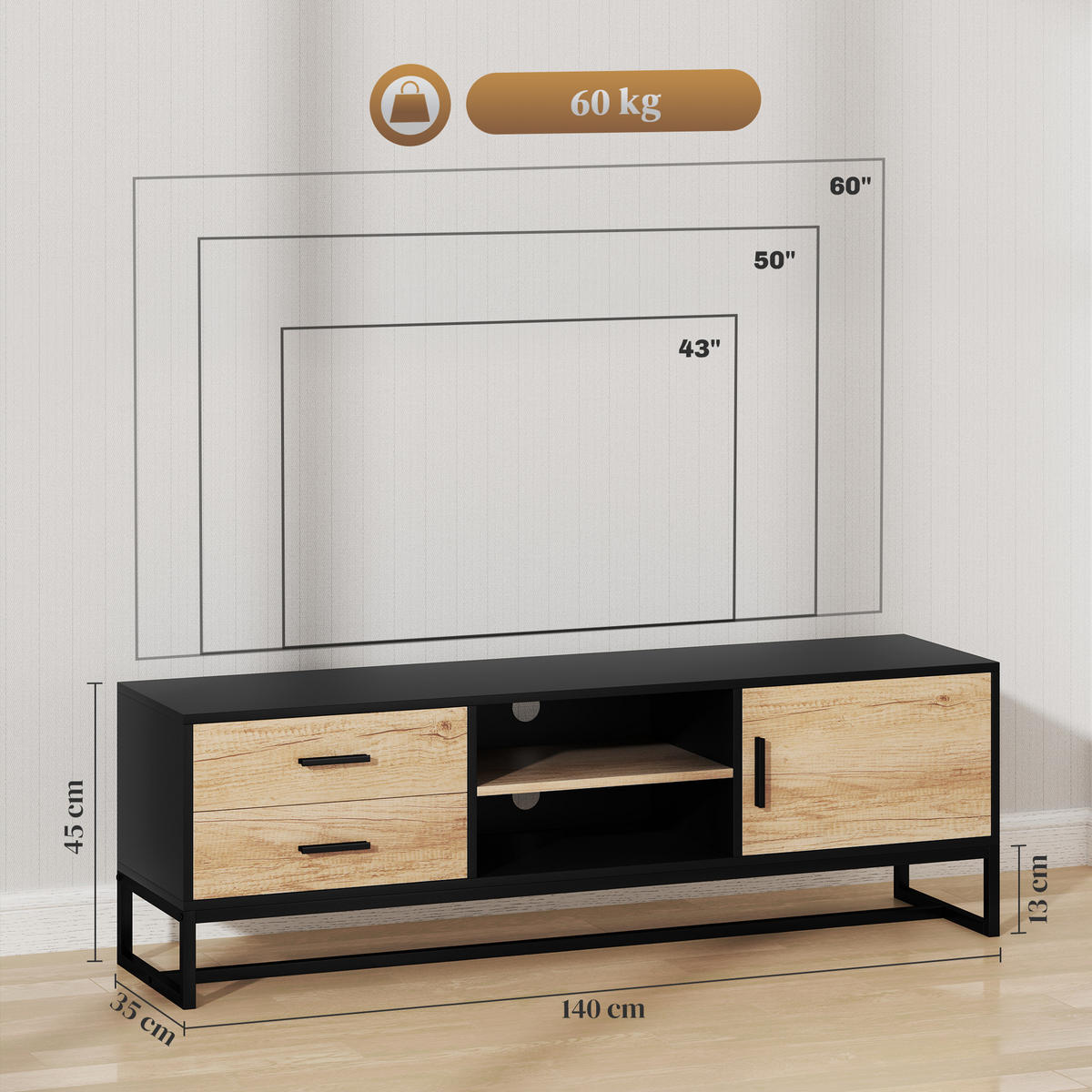 TV Schrank TV Board mit Schrankfach, Schubladen, 2 offenen Fächern Schwarz - Schwarz, Holzwerkstoff (35/45/140cm) - HOMCOM