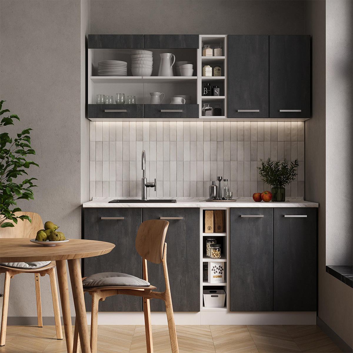 SINGLEKÜCHE R-Line Schwarz Beton/Weiß 160 cm ohne AP - Schwarz/Weiß, Holzwerkstoff (160/81.6/46cm) - Vicco