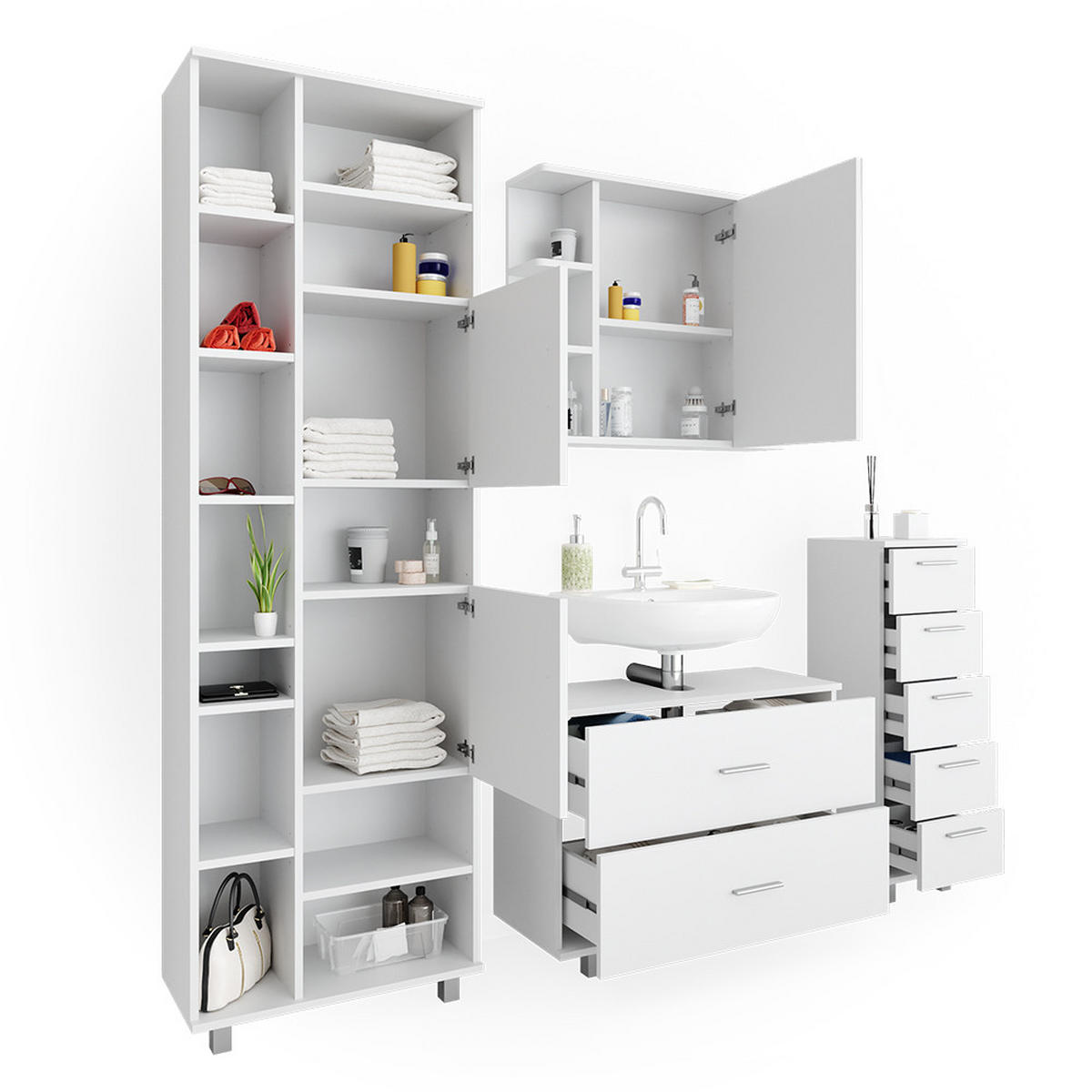 BADMÖBEL-SET Ilias Weiß 4 Teile, mit Hochschrank - Weiß, Holzwerkstoff (80.2/60.8/33cm) - Vicco