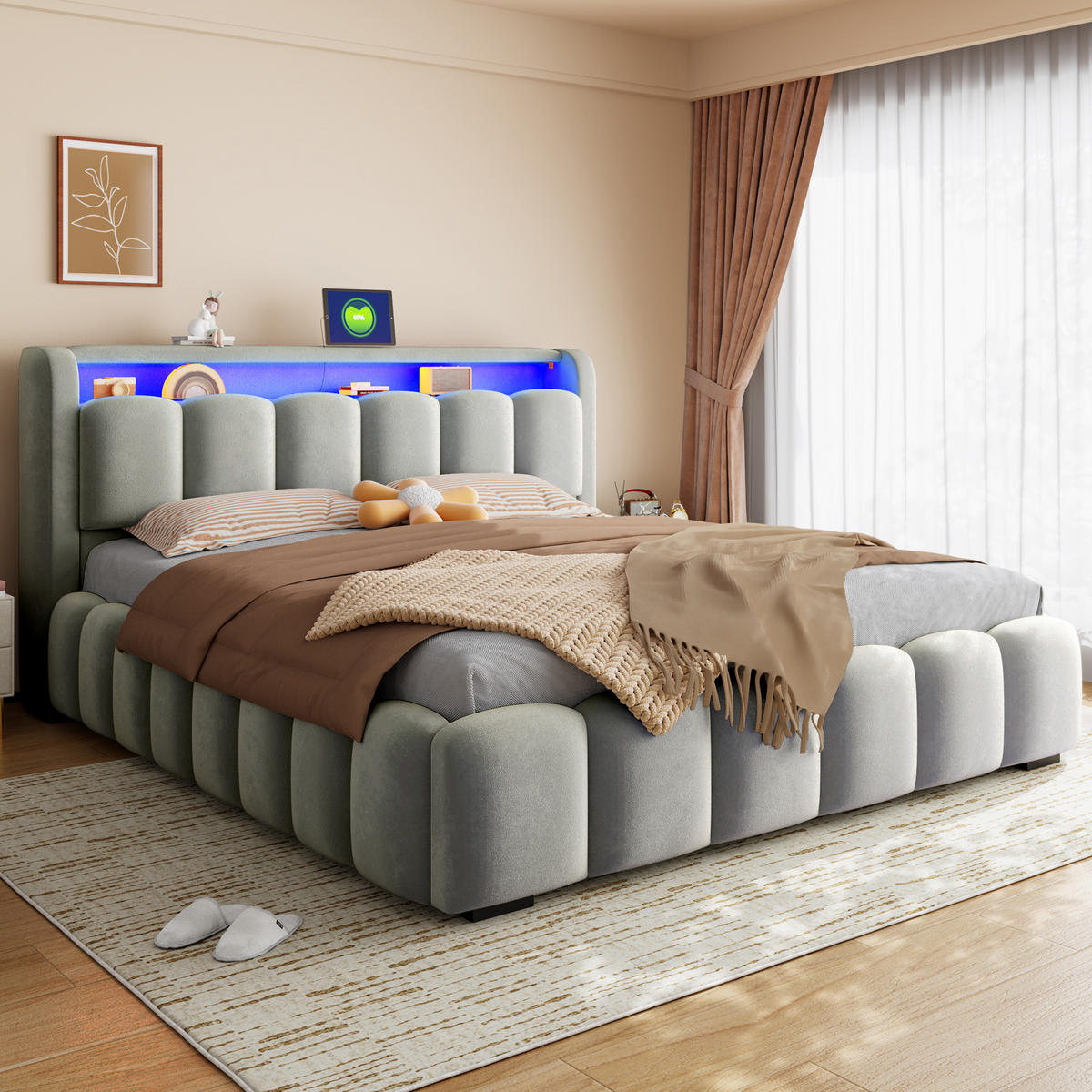 POLSTERBETT 180/200 mit LED/USB, Kopfteil Stauraum, Samt, Grau - Grau, Holz (180/200cm) - LVHOM