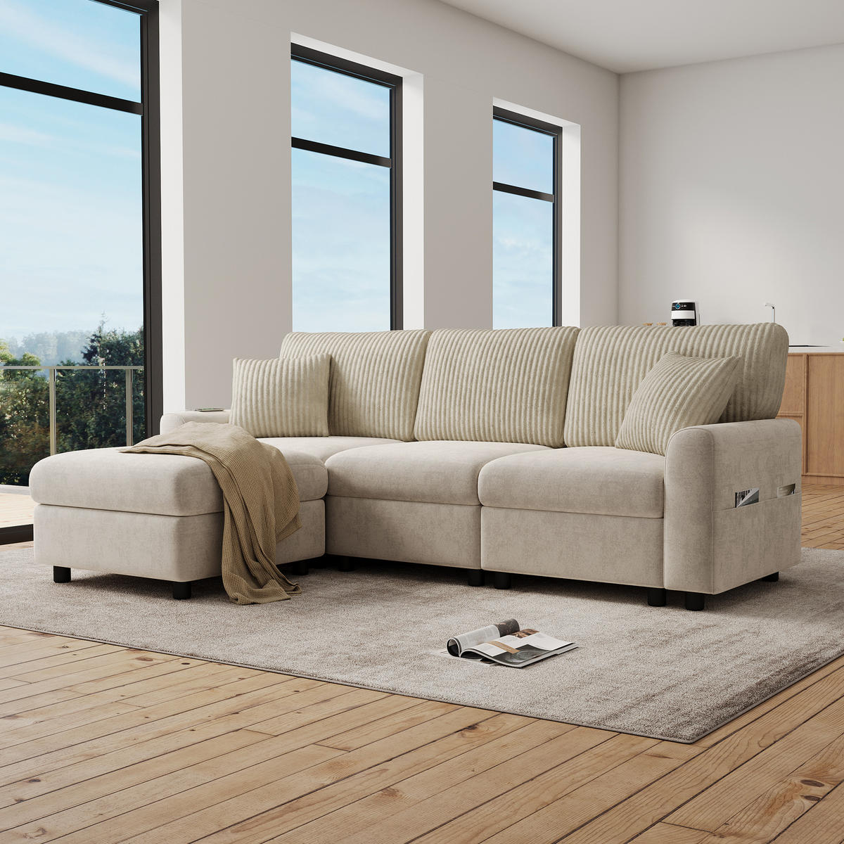 ECKSOFA 223/146/84 cm Beige mit 1 Fußhocker, 2 quadratischen Kissen, 1 USB-Anschluss und 1 Type-C-Anschluss - Beige, Textil (146/84/223cm) - Oxeza