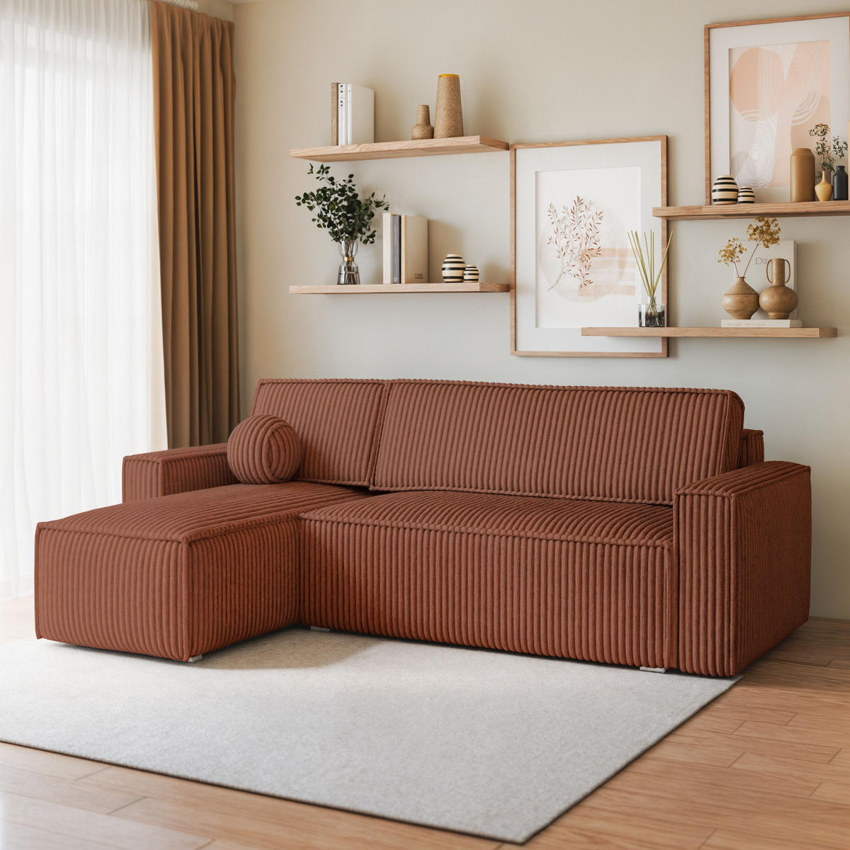 ECKSOFA RAVELO T Braun Kordstoff mit Schlaffunktion - Braun, Holz (240/140cm) - MASSENO