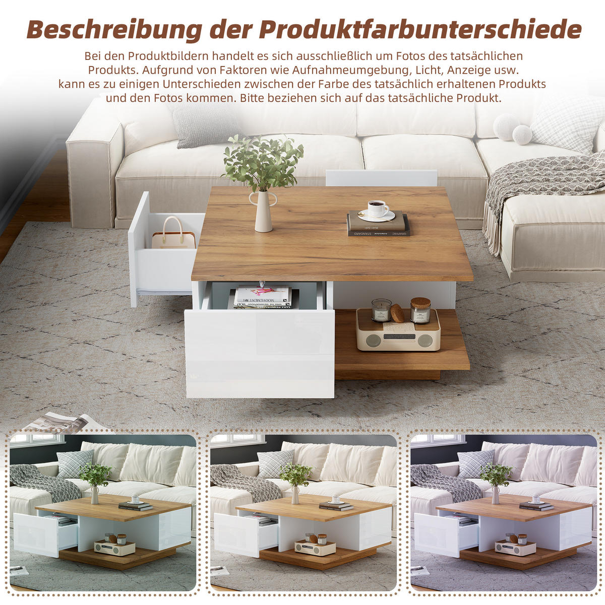 COUCHTISCH 70/70/31.5 cm Weiß/Walnuss aus Spanplatte mit 3 Schubladen - Weiß, Holzwerkstoff (70/70/31.5cm) - OKMYHOME