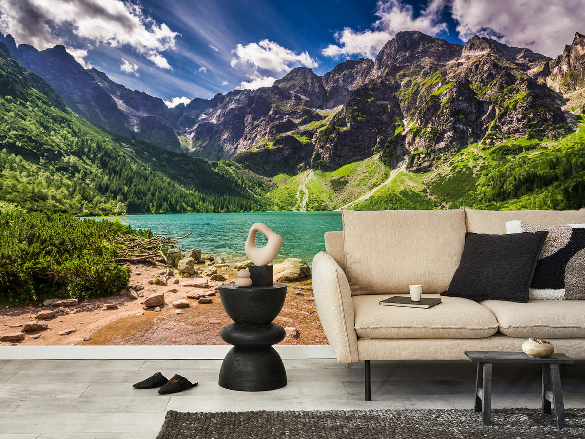 FOTOTAPETE Morskie Oko See Berge Landschaft 3D 250x175 - Türkis/Braun, Papier (250/175cm) - Muralo