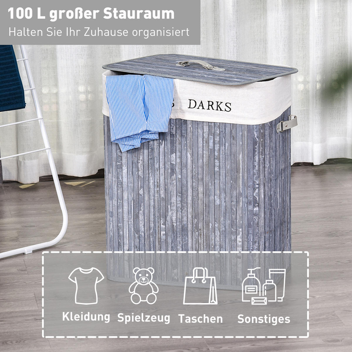 WÄSCHEKORB, Bambus, Segeltuch, PU, Grau - Grau, Naturmaterialien (32/63/52cm) - HOMCOM