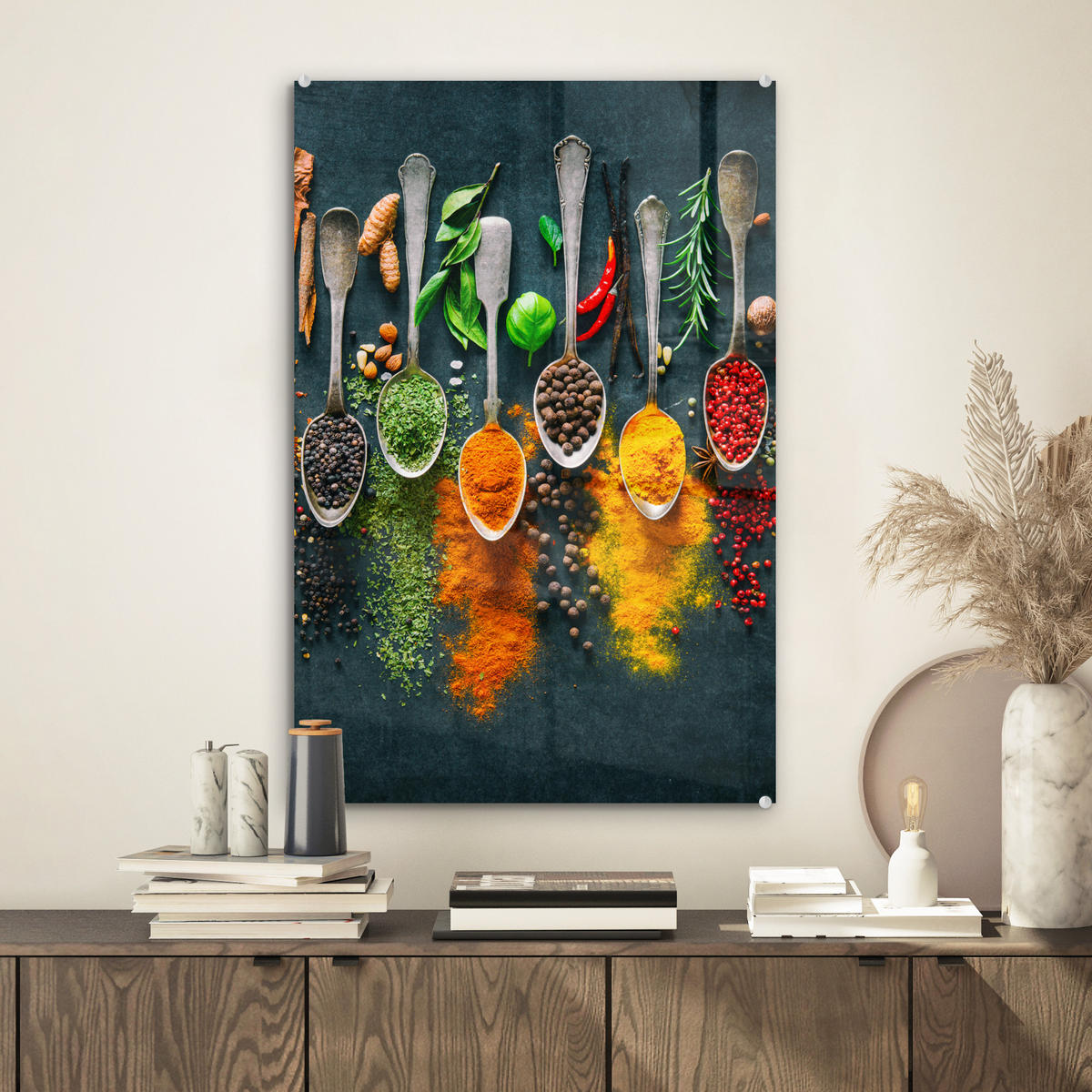 ACRYLGLASBILD Kräuter - Gewürze - Löffel 40x60 cm - Currygelb, Glas (40/60cm) - MuchoWow