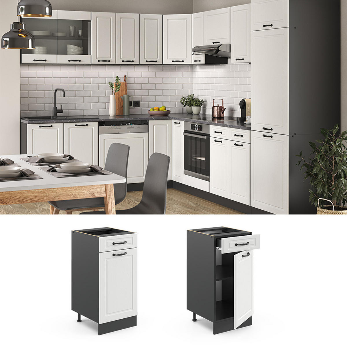 KÜCHENUNTERSCHRANK R-Line Weiß Landhaus 40 cm ohne AP - Anthrazit/Weiß, Holzwerkstoff (40/81.6/46cm) - Vicco