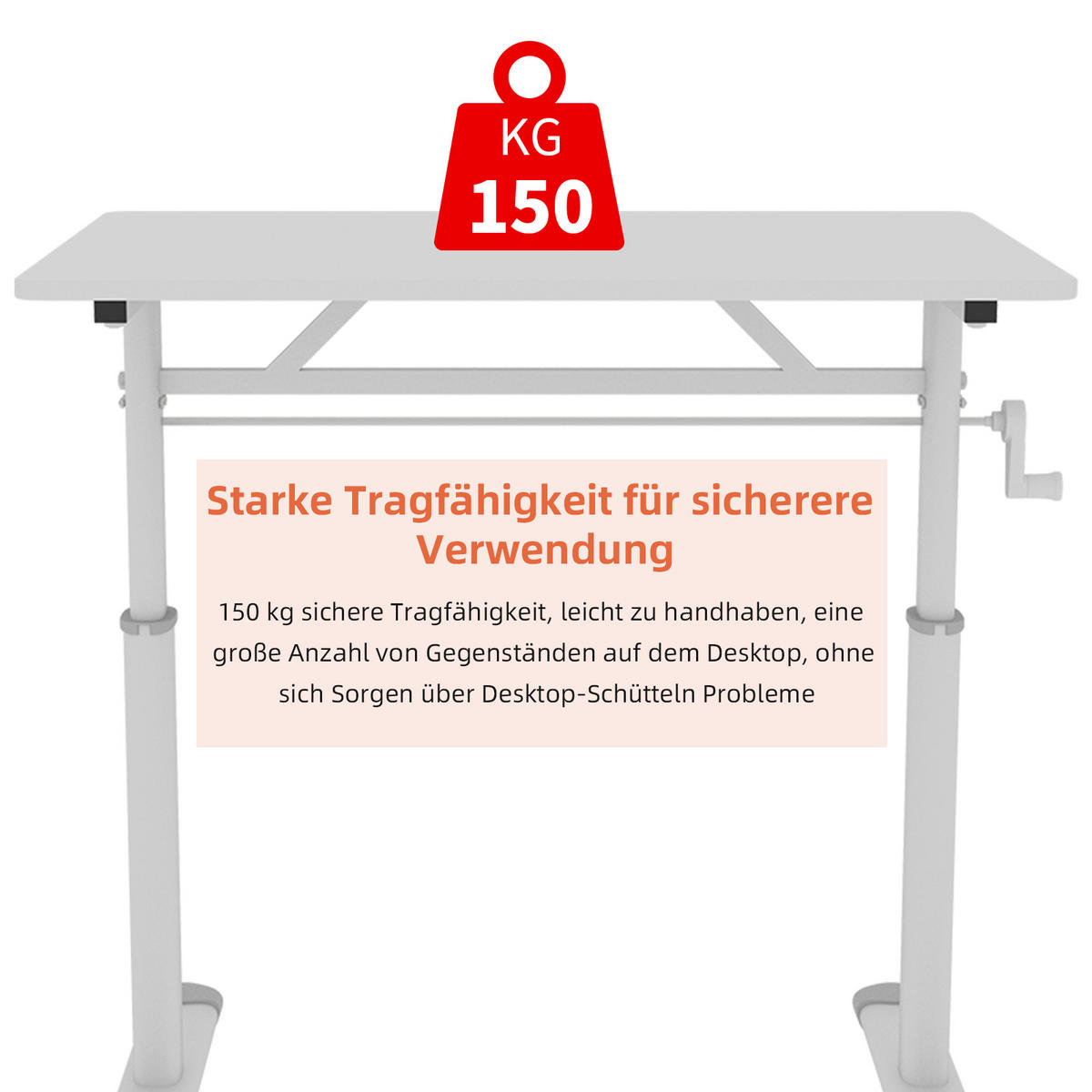 SCHREIBTISCH Weiß 120/60/90 cm höhenverstellbar mit Kurbel Metallrahmen manuell - Weiß, Metall (60/120/90cm) - PANGIVO