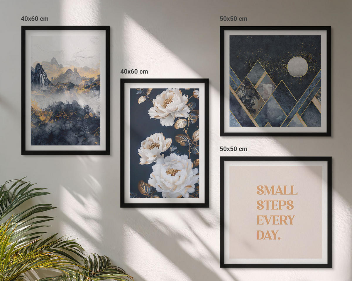 BILDER SET 4er Set - 50x50 cm & 40x60 cm Schwarzer Rahmen - Abstrakte Berge und Blumen Inspiration - Schwarz, Kunststoff (50/50cm) - TULUP