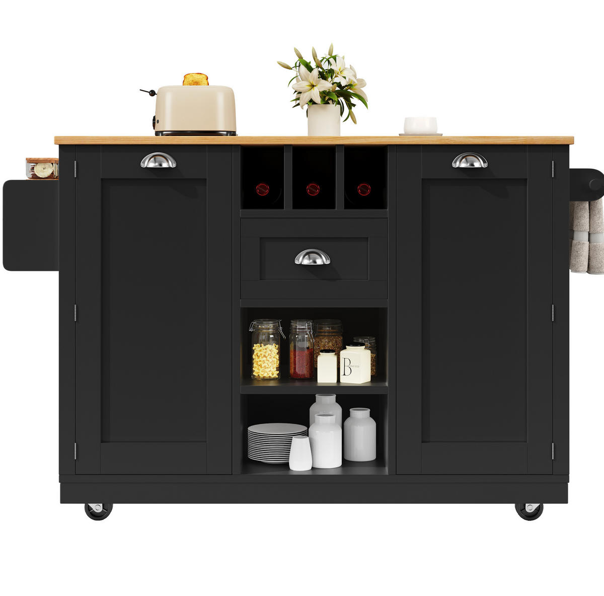 KÜCHENINSEL aus MDF 140x40x93,5 cm Schwarz mit klappbarer Platte, Weinregal, Handtuchhalter und Rollen - Schwarz, Holzwerkstoff (140/93.5/40cm) - Modfu