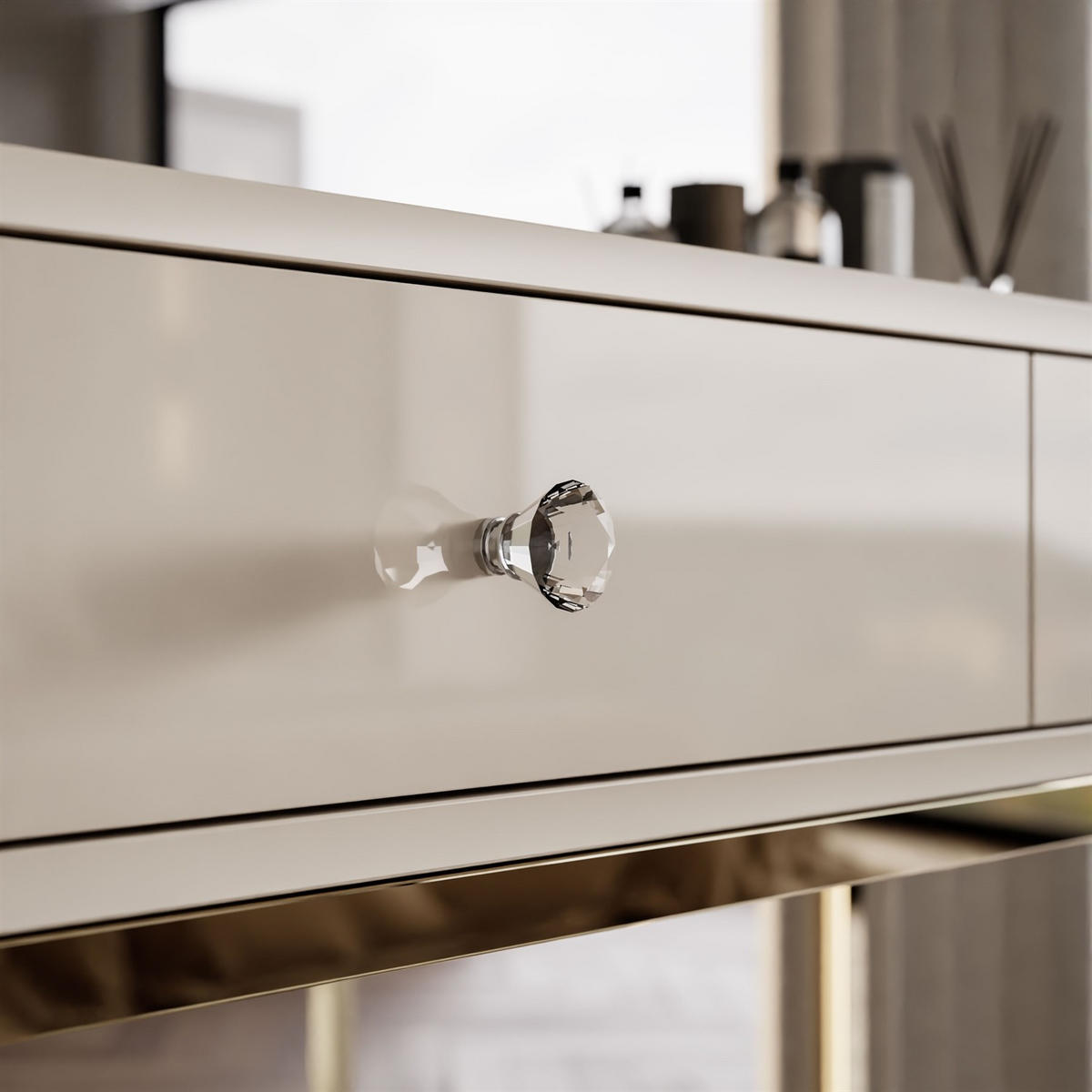 KONSOLE Glamour auf goldchrom Gestell mit Kristallgriff - Kaschmir/Transparent, Holzwerkstoff (100/81/42cm) - Lookway