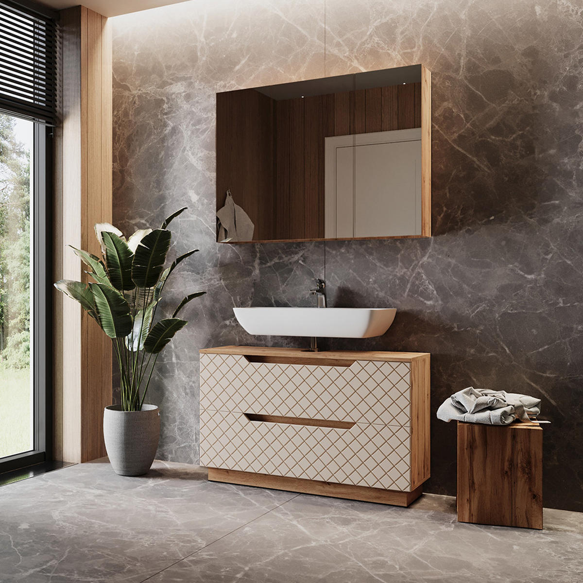 BADMÖBEL-SET Lotta Eiche/Kaschmir mit Kachelstruktur 2 Teile - Kaschmir/Eichefarben, Holzwerkstoff (99.4/62.5/32cm) - Vicco