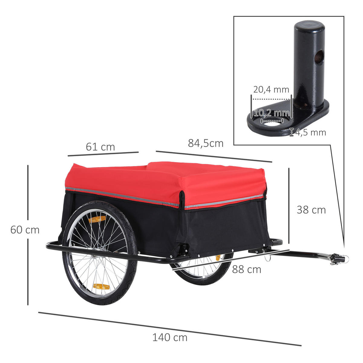 LASTENANHÄNGER, Stahlrohr, Rot/Schwarz, 140L x 88B x 60H cm - Schwarz, Metall (88/60/140cm) - HOMCOM