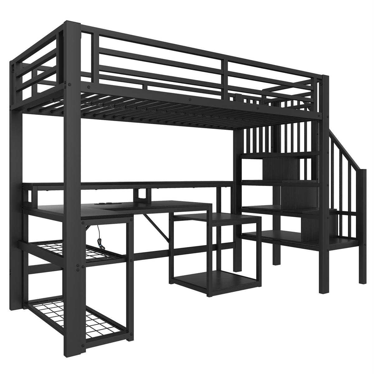 HOCHBETT 90/200 cm Schwarz aus Metall mit Schreibtisch und LED-Lichtleiste - Schwarz, Metall (90/200cm) - OKMYHOME