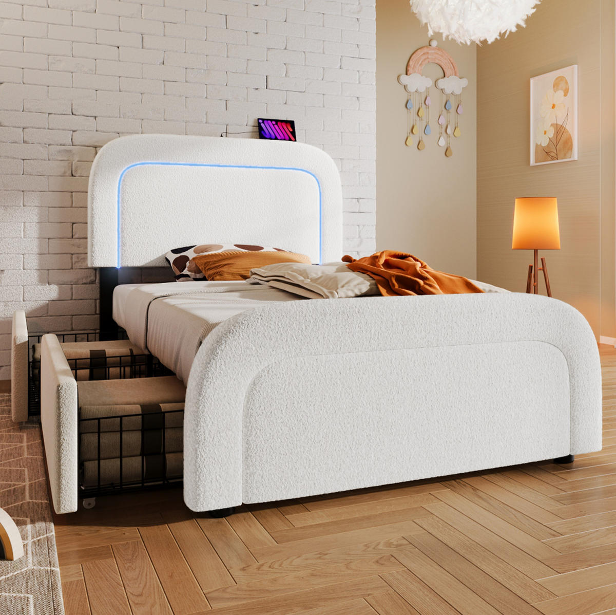 POLSTERBETT 90/200 cm Weiß mit LED-Beleuchtung, Schubladen und USB- und Type-C-Anschlüssen - Weiß, Textil (90/200cm) - Flora Grace