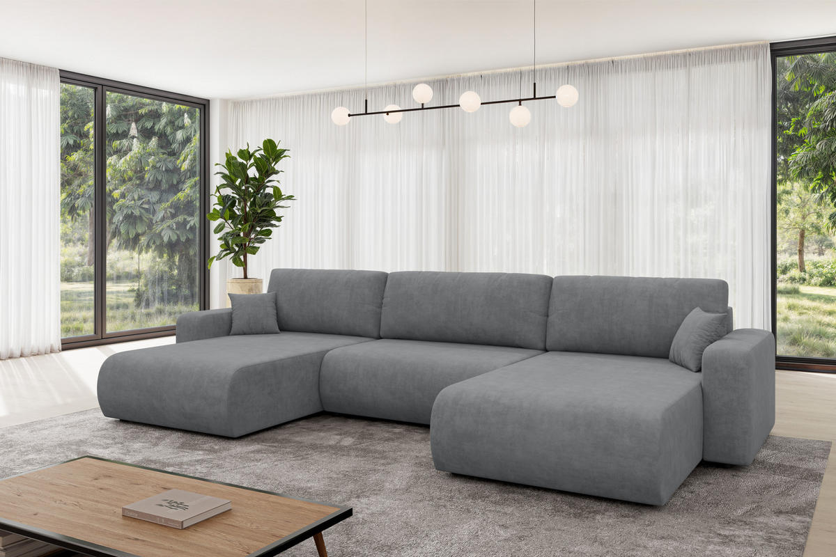 SEDACÍ SOUPRAVA DO U s funkcí spaní a úložným prostorem BERY-U 377x193x88 šedá velur - černá/šedohnědá, kompozitní dřevo/textil (377/88/193cm) - ALTDECOR