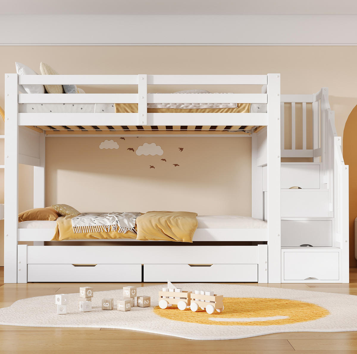 ETAGENBETT aus MDF und Kiefer 90x200 cm Weiß mit Ausziehbett, Stauraumtreppe und Kleiderschrank - Weiß, Holzwerkstoff (90/200cm) - Modfu