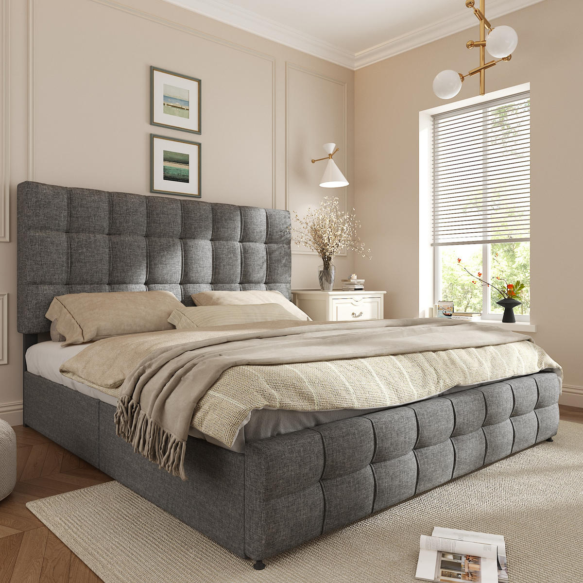 POLSTERBETT 140x200 Grau Leinen 4 Schubladen - Grau, Naturmaterialen (140/200cm) - FLIEKS