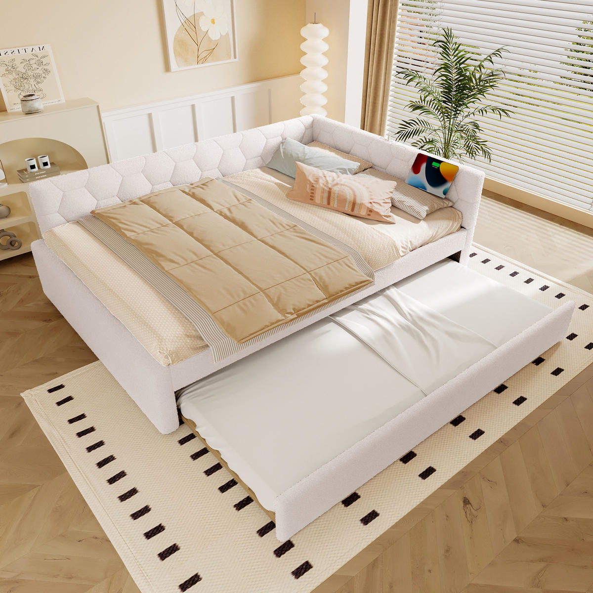 POLSTERBETT 140/200 cm mit Ausziehbett, USB und gepolstertem Kopfteil - Weiß, Textil (140/200cm) - BEAOK