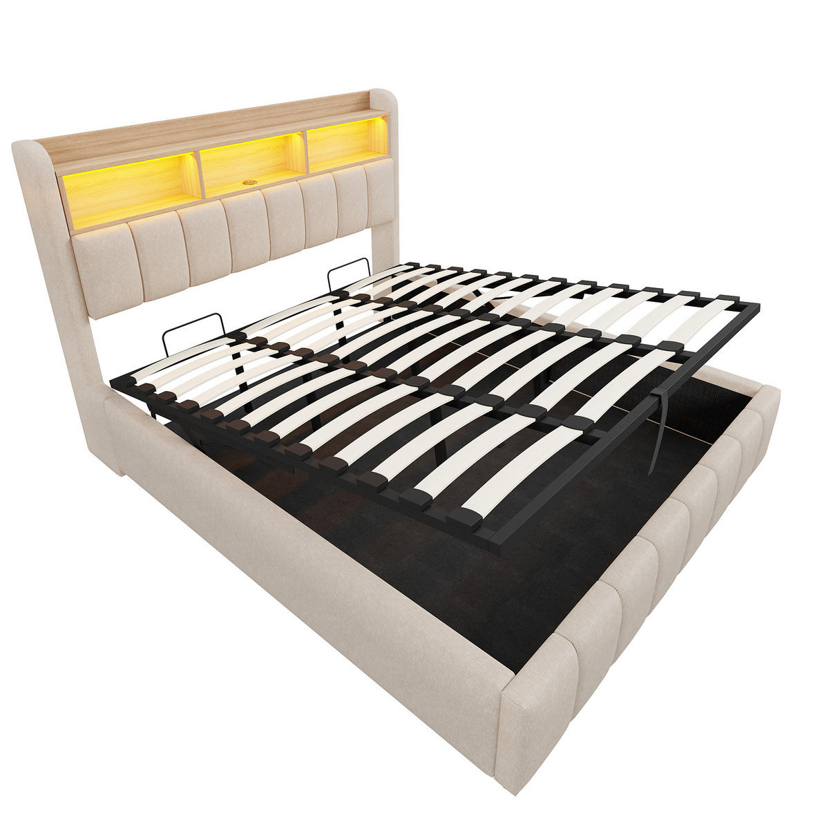 POLSTERBETT 180/200 cm Beige mit Stauraum, LED-Beleuchtung und USB - Beige, Textil (180/200cm) - Flora Grace