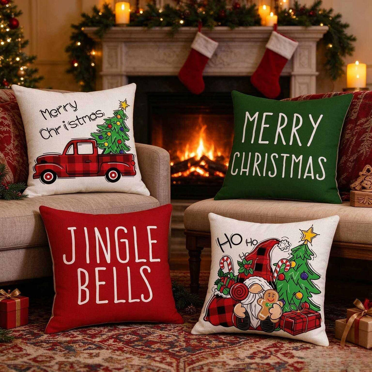 KISSENBEZUG – Weihnachtskissenbezug (Kissenfüllung nicht enthalten) – 45 x 45 cm – Multicolor(vier Stück) - Multicolor, Textil (45/45cm)