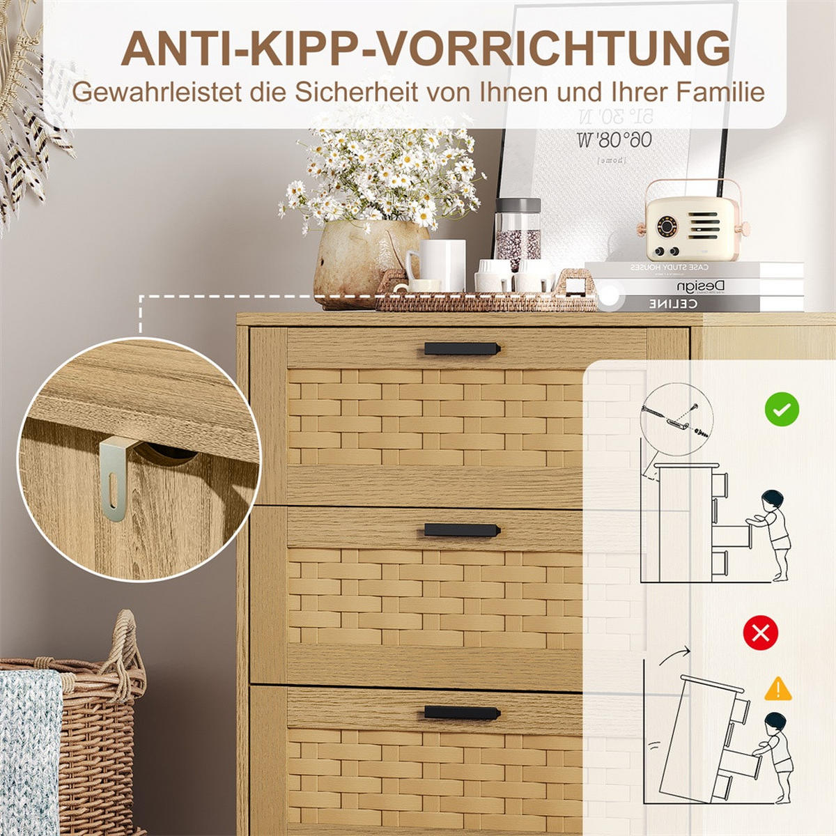 KOMMODE mit 4 Schubladen - pflegeleichtes PVC-Geflecht und Holzbeine - für Wohnzimmer&Schlafzimmer - Eiche-Optik - Eichefarben, Holzwerkstoff (39.8/95/55cm) - DELFA