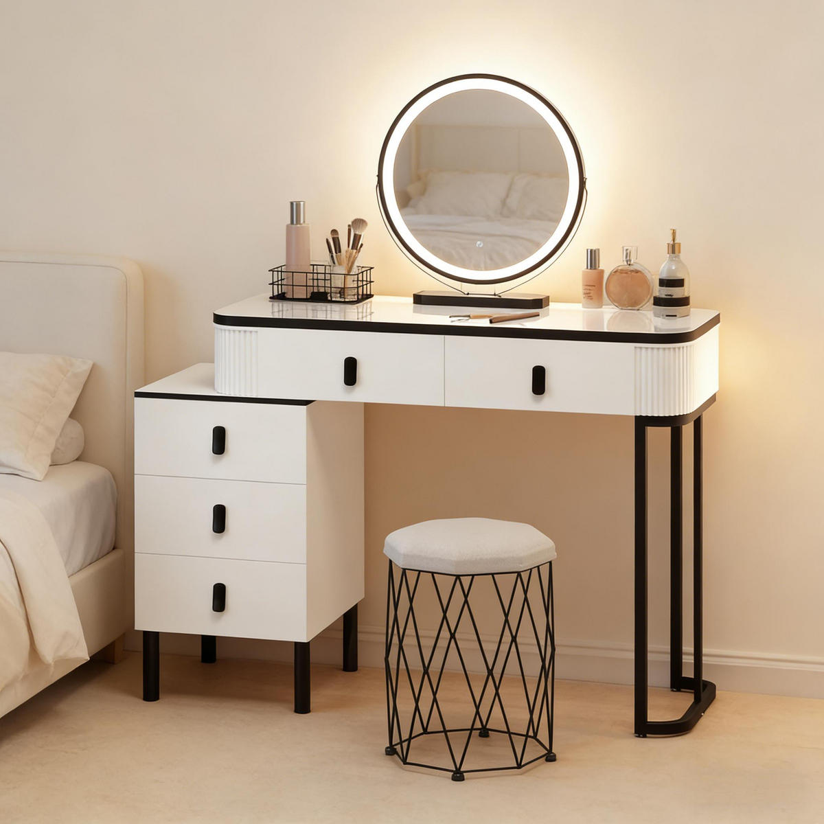 SCHMINKTISCH mit verstellbarem runden LED-Spiegel / 5 Schubladen / gepolstertem Hocker - Schwarz, Glas (125/100/40cm) - Vallsero
