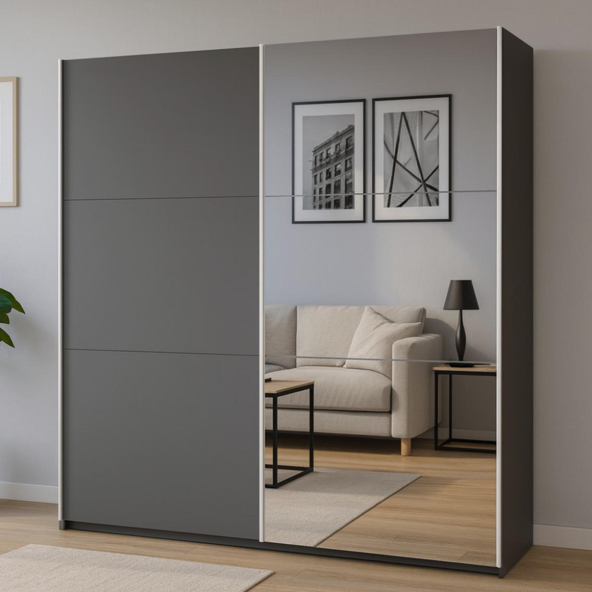 SCHWEBETÜRENSCHRANK Rossa mit 2 Türen und Spiegel, 225 cm, Graphit - Graphitfarben, Holzwerkstoff (225/244/65cm) - Beautysofa