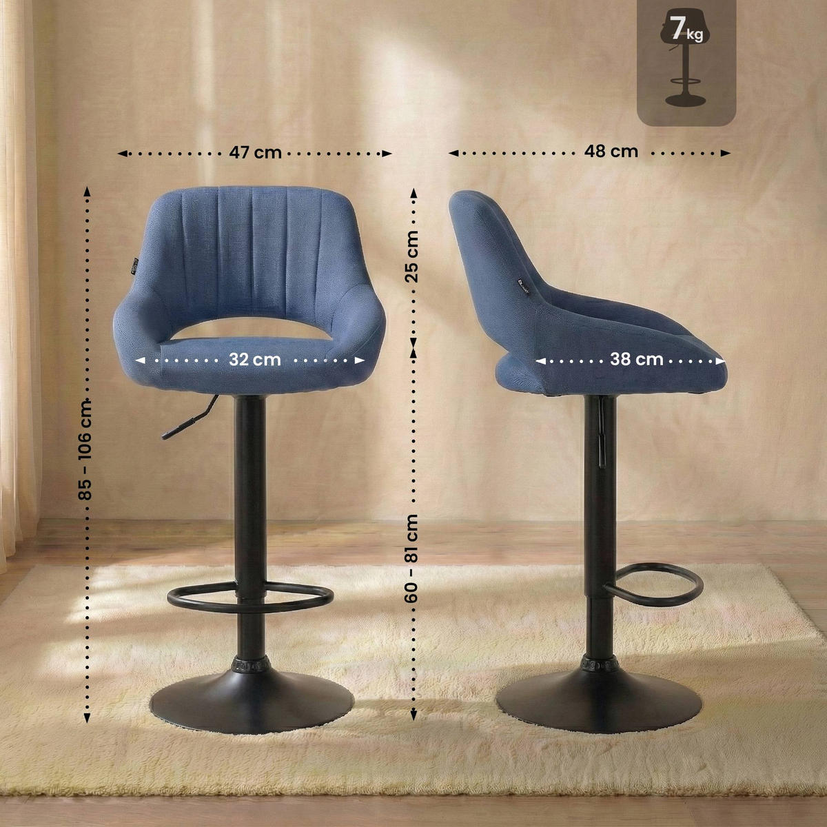 BARHOCKER Stoff Blau - Blau/Schwarz, Textil/Metall (47/85/48cm) - CLP