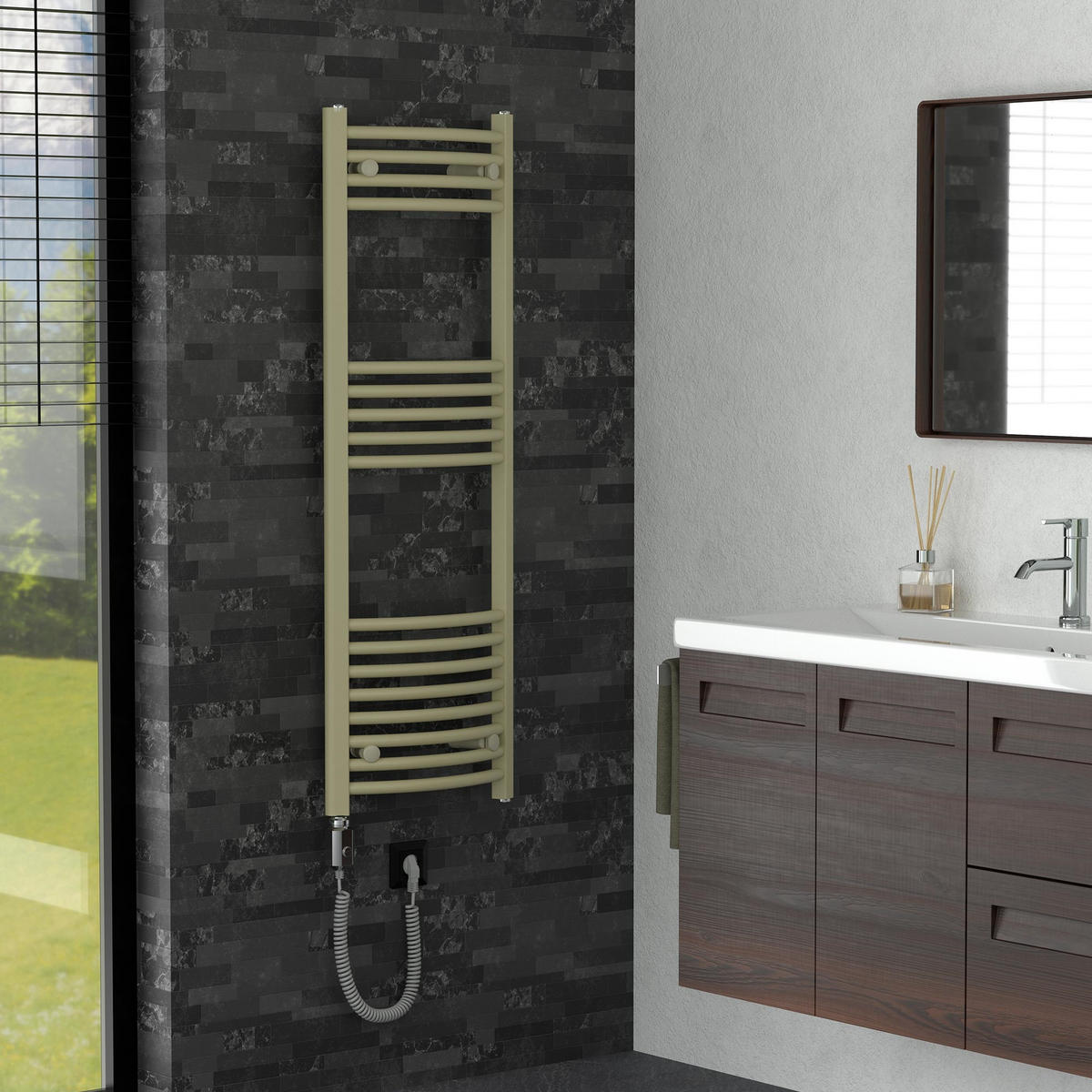 HANDTUCHHEIZKÖRPER elektrisch 400 x 1200 mm Beige Badheizkörper gebogen mit Seitenanschluss mit Heizstab 600W - Beige, Metall (40/120/3cm) - LuxeBath