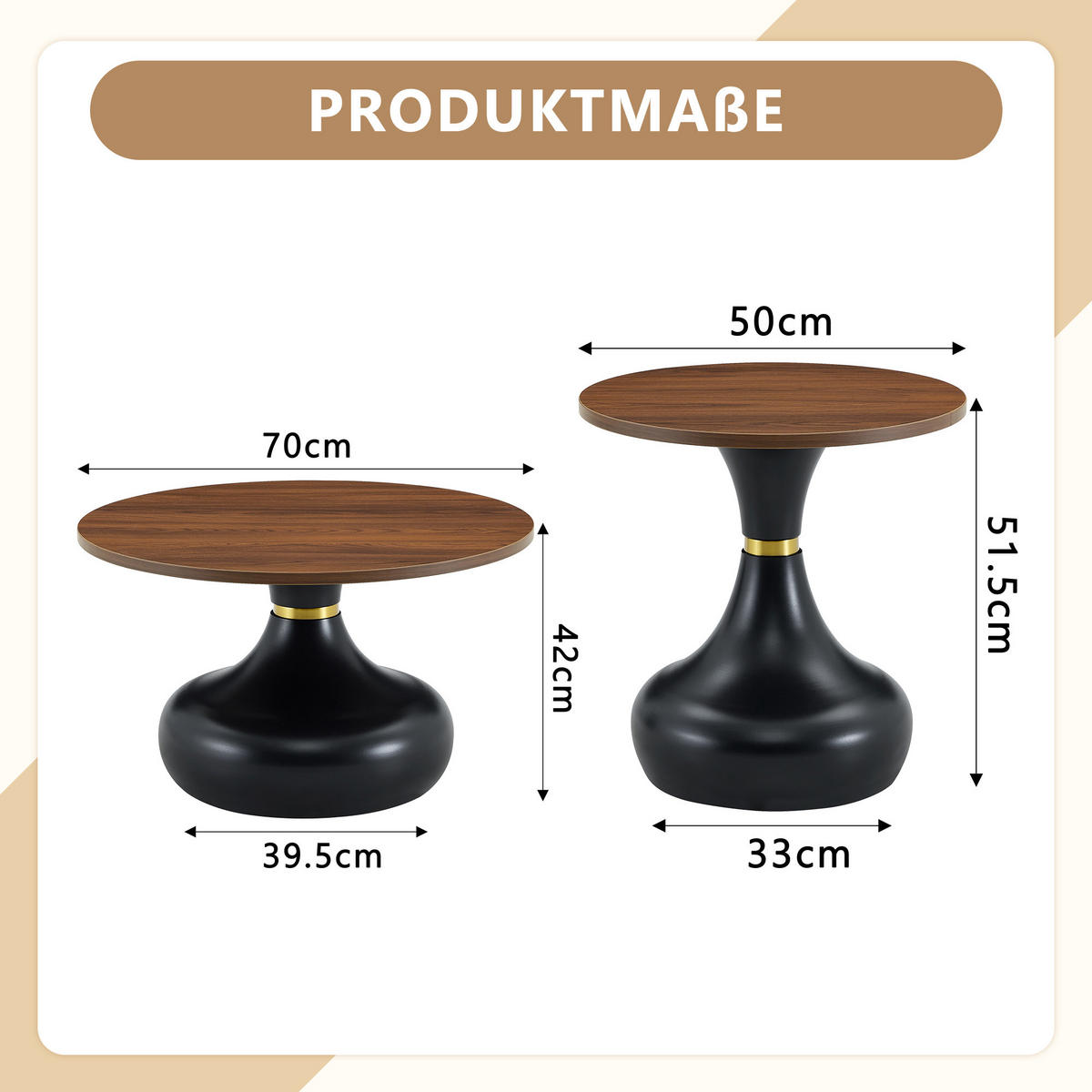COUCHTISCH 2-tlg Rund Ø70cm/Ø50cm Sanduhrform Walnuss-Holzoptik Metallgestell - Schwarz, Metall (50/52/37cm) - Raelunyi