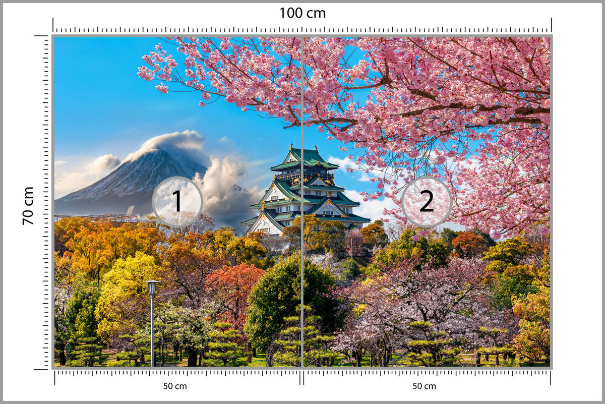 FOTOTAPETE für Wohnzimmer Kirschblüten Osaka Burg Japan Berge Bäume 100x70 - Gelb/Rosa, Papier (100/70cm) - Muralo