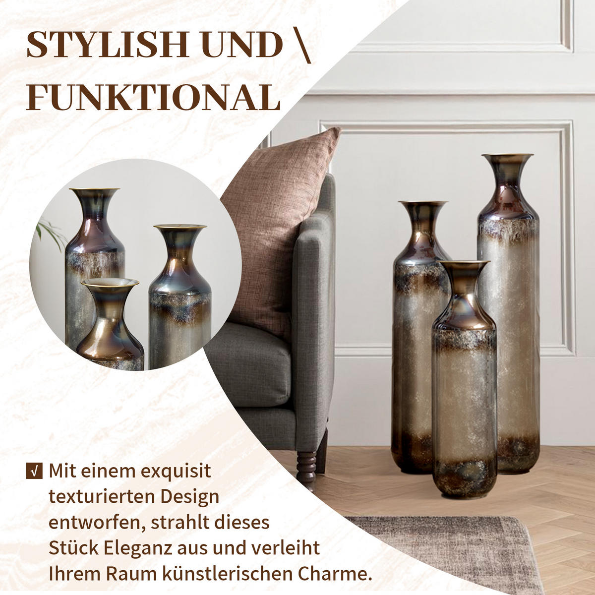 BODENVASE 3-tlg 51-72cm Metallvase handgefertigt Bodenvase Vintage-Optik Trockenblumen - Grau, Metall (78.02cm) - Raelunyi