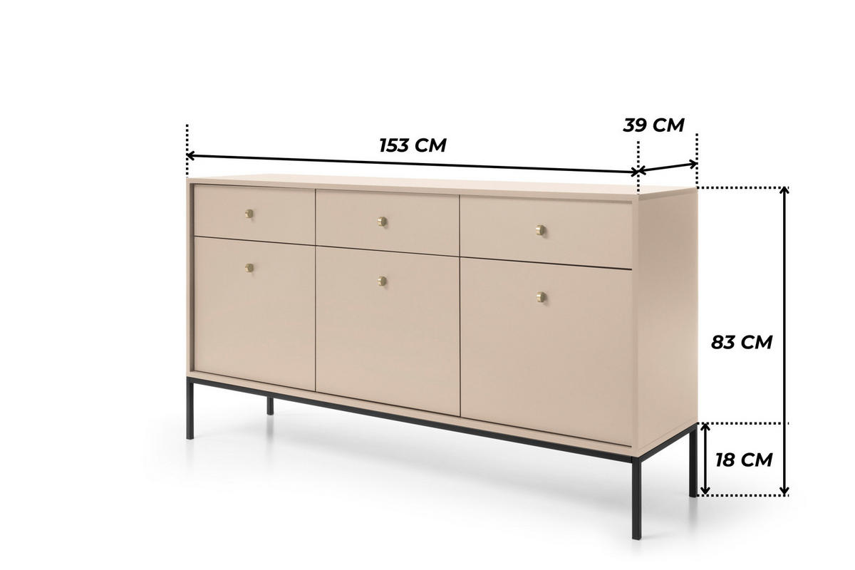 KOMMODE BARI K3D3SZ (Beige, Goldene Griffe, Schwarzes Gestell, Schubladen) - Beige/Goldfarben, Holz/Holzwerkstoff (153/83/39cm) - Ravio