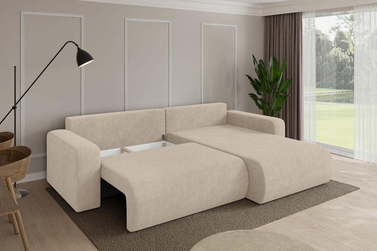 ROHOVÁ SEDAČKA s funkcí spaní, otoman vpravo BERY-L 276x193x88 béžová velur - černá/Sahara, kompozitní dřevo/textil (276/193cm) - ALTDECOR