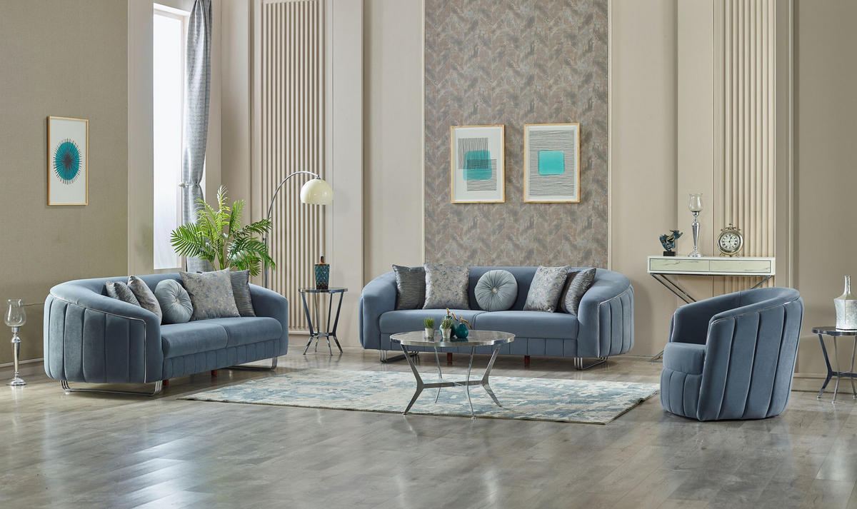 SITZGARNITUR Angela Blau Stellvariante:3+2+1 - Hellblau, Holz/Textil (245/77/100cm) - Villa Möbel