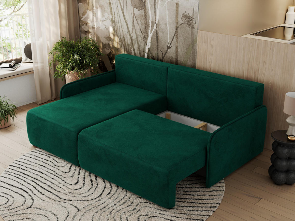 ECKSCHLAFSOFA ARPA L Dunkelgrün Velvet - links - Dunkelgrün/Schwarz, Kunststoff/Textil (198/150cm) - MKS