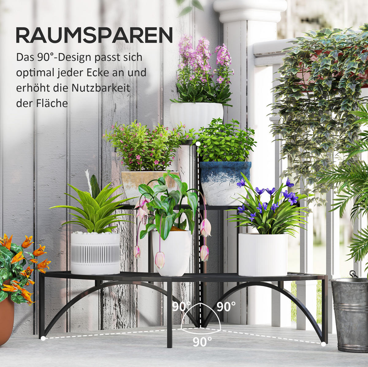 GARTENREGAL aus Metall 87x60x60 cm in Schwarz mit 3 Ebenen - Schwarz, Metall (60/60/87cm) - Modfu