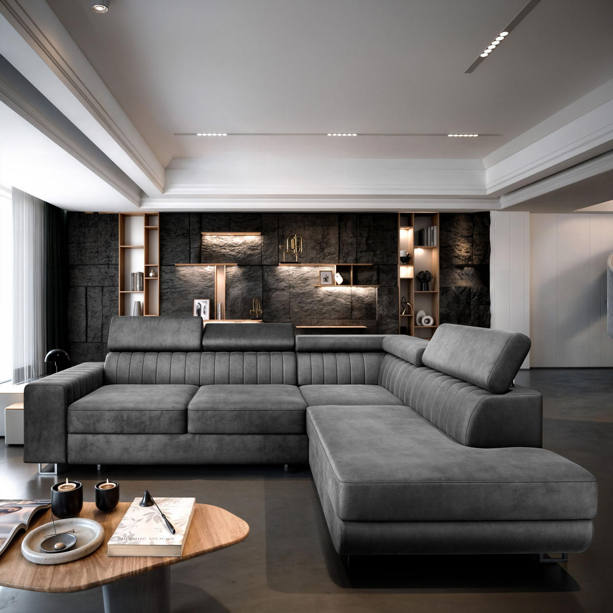 ECKSOFA NOLA R-S Grau Velours-Stoff mit Schlaffunktion - Grau, Holz (253/190cm) - MASSENO