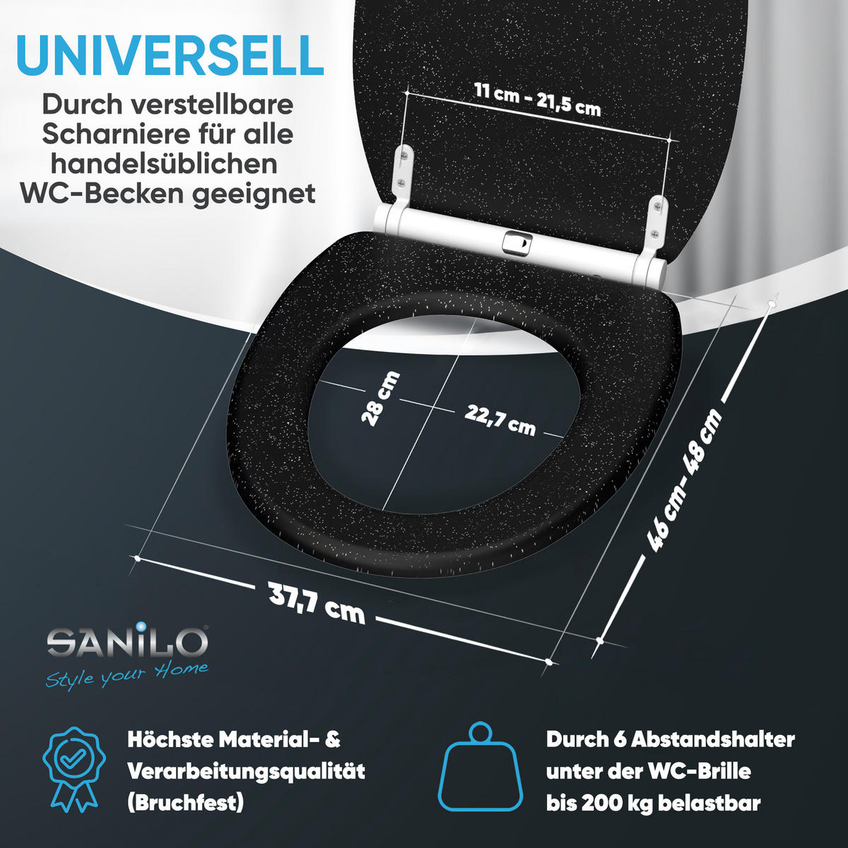 WC-SITZ mit Absenkautomatik & Top Fix Glitzer Schwarz - Schwarz, Holzwerkstoff (37.7/5.5/48cm) - Sanilo
