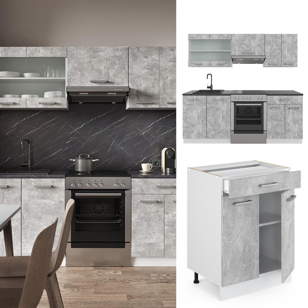 KÜCHENZEILE R-Line Beton/Weiß 200 cm, AP Eiche - Schieferfarben/Weiß, Holzwerkstoff (200/81.6/60cm) - Vicco