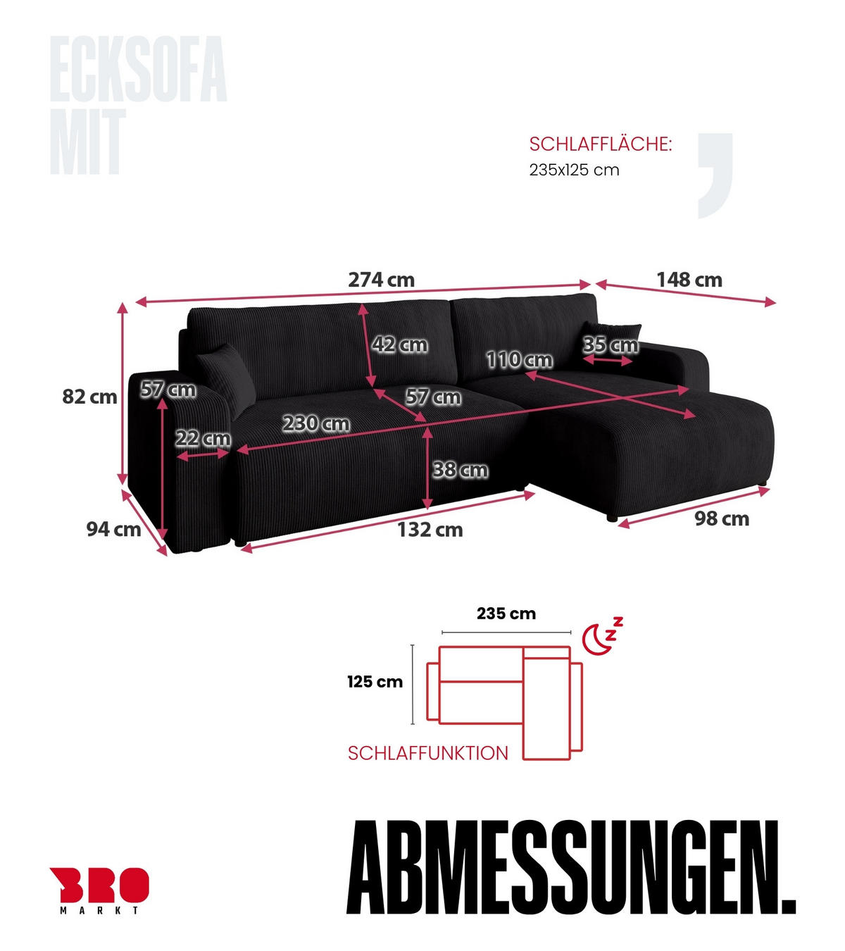 ECKSOFA PUMI XL mit Schlaffunktion Schwarz Cord - Schwarz, Textil (274/148cm) - Bromarkt