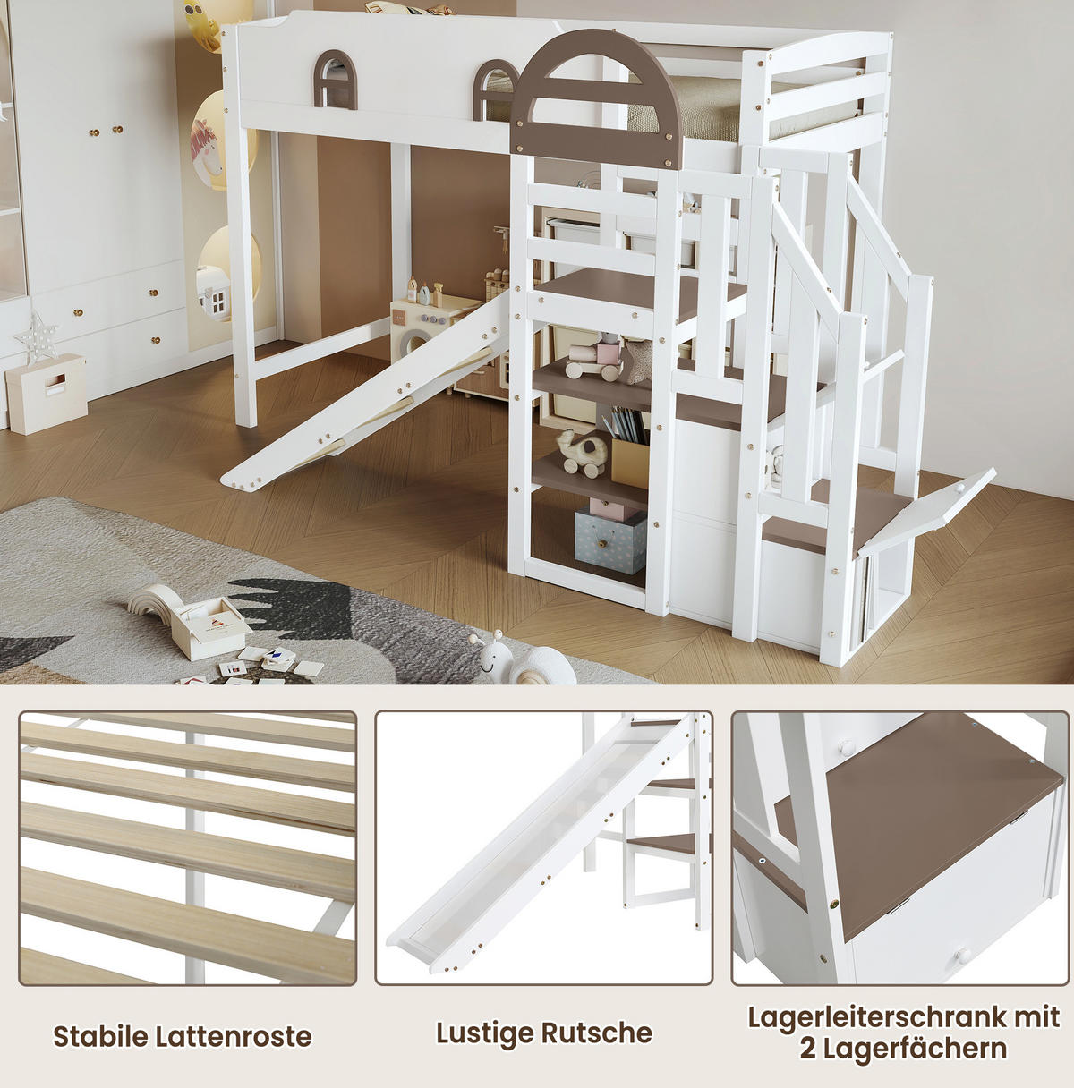 ETAGENBETT mit Fenstern, Rutsche und Stauraumtreppe, Weiß, 90/200 cm - Weiß, Holz (90/200cm) - MIVRAY