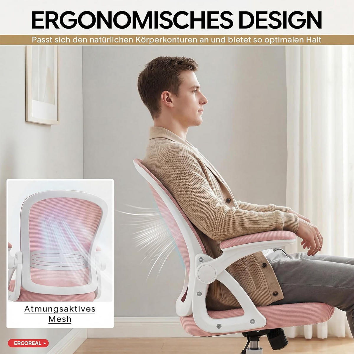 BÜROSTUHL Ergonomischer 90-110°neigbar, 90° Aufklappbare Armlehnen - Rosa, Metall (60/92/57cm)